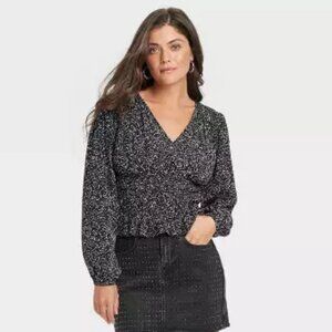 NWT Universal Thread Women's Balloon Long Sleeve Blouse, Black & White, Large